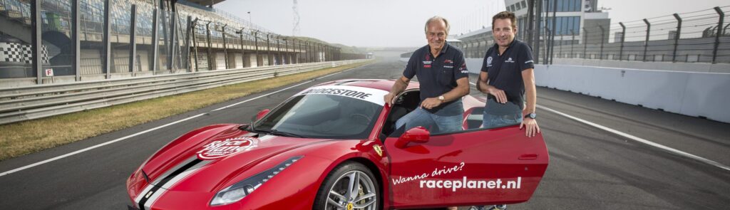 Michael and Sebastiaan Bleekemolen in front of a Race Planet Ferrari at Circuit Zandvoort